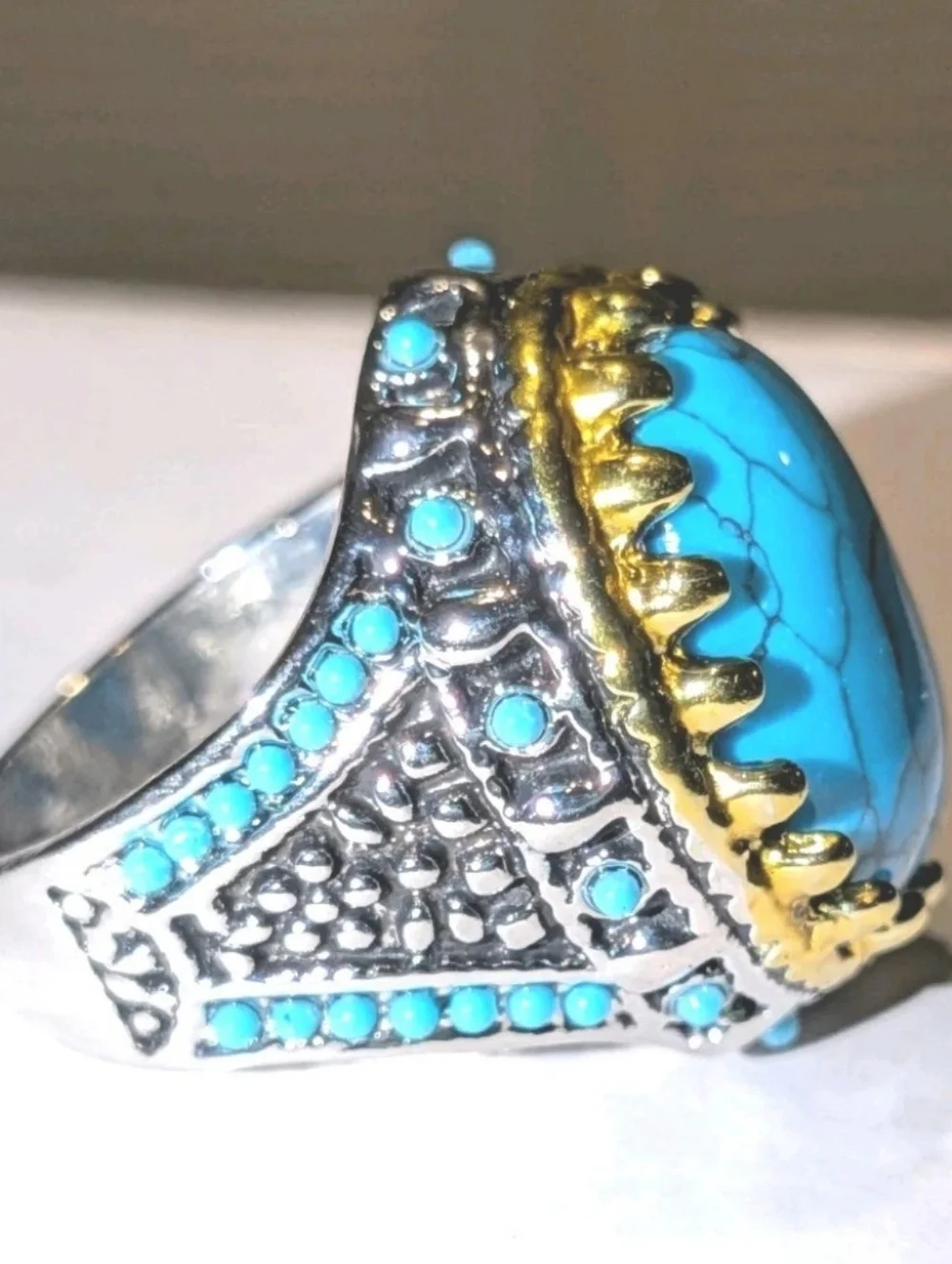 Retro Punk Style Ring Simulated Turquoise Two Tone Polished Statement Band Ring